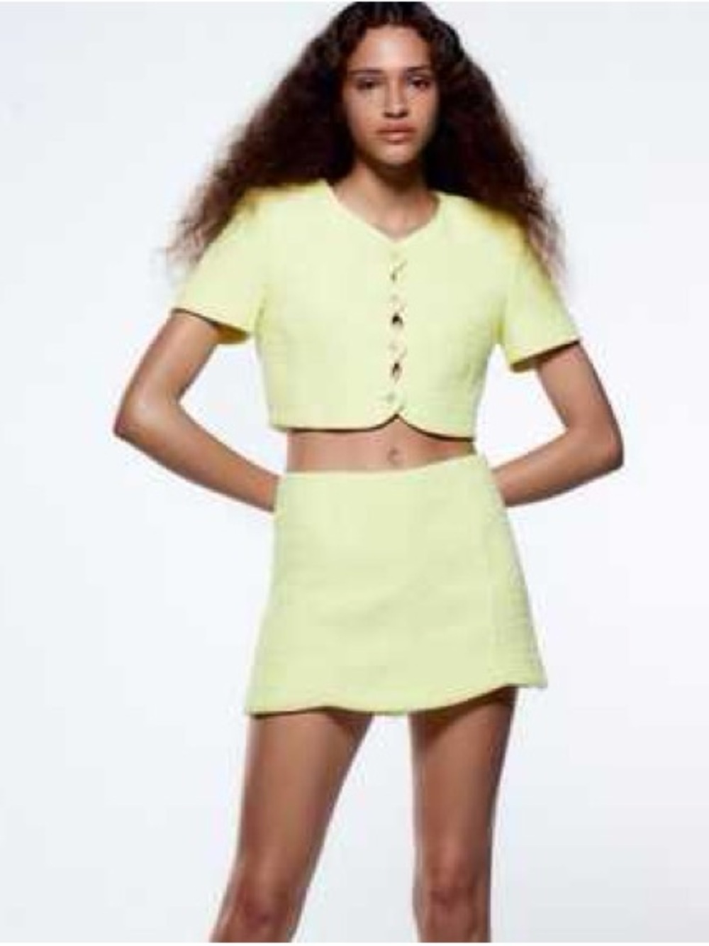 Zara Cropped Button-Front Mini Skirt Set in Pale Yellow